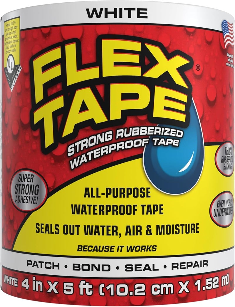 FLEX TAPE , Original Thick Flexible Rubberized Waterproof Tape - Seal and Patch Leaks, Works Underwater, Indoor Outdoor - Home RV Roof Plumbing and Pool Repairs, White, 4 in x 5 ft, Pack of 1 - Image 1